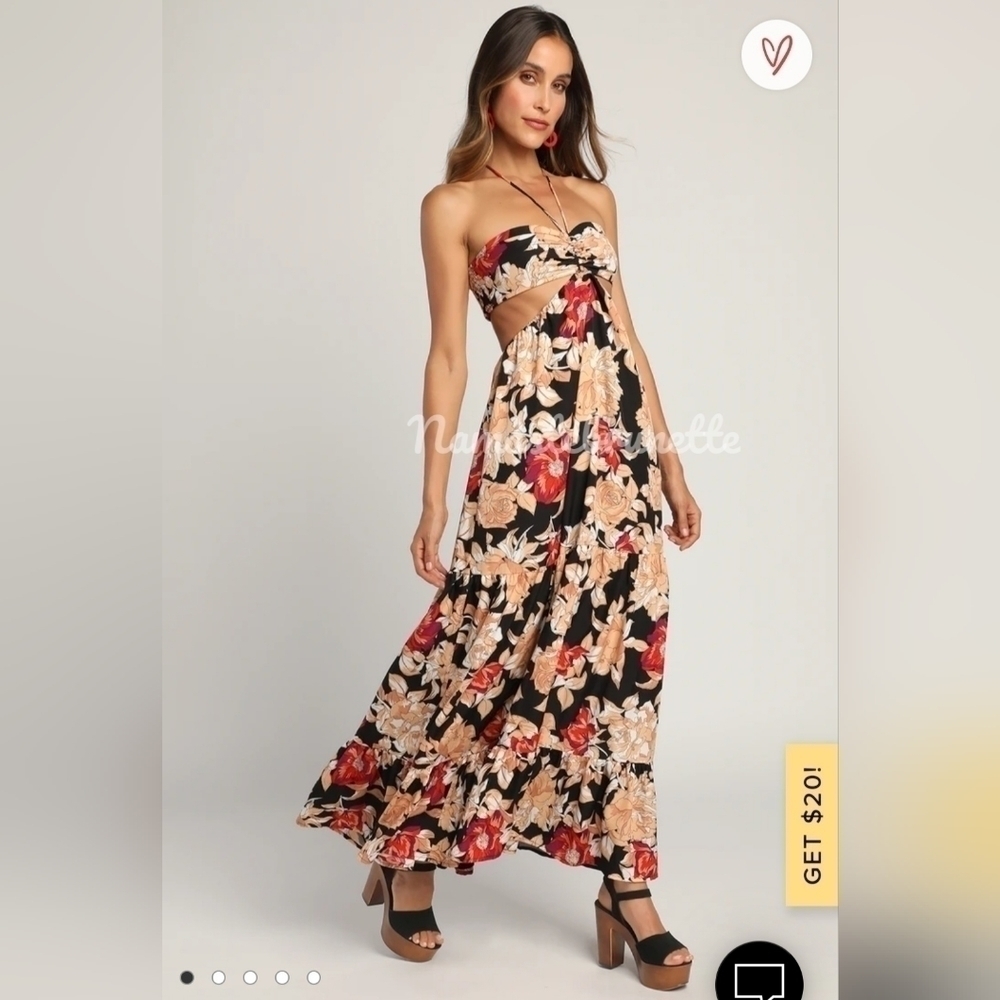 Nwt Lulu's L Black Floral Print Cutout Halter Maxi Dress - Picture 3 of 16